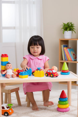 Cute asian little girl playing with wooden toys in the roomの素材