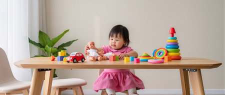 Asian Chinese little girl playing with toys at table in living room at homeの素材