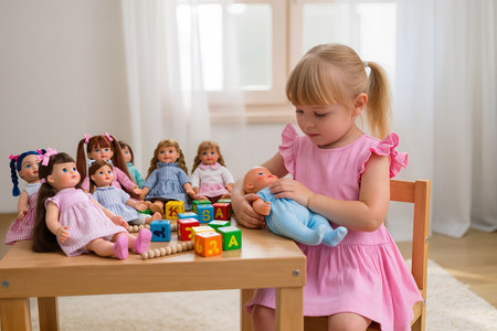 Cute little girl playing with wooden blocks and toys at home.の素材