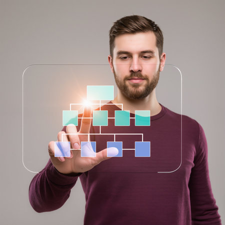 Portrait of a handsome young man pressing a virtual business graph.の素材