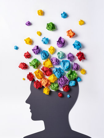 Silhouette of a man with paper balls in his head.の素材