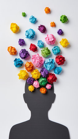 Silhouette of a man surrounded by colored crumpled paper ballsの素材