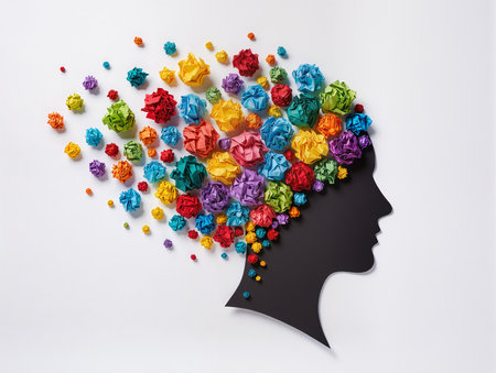 Silhouette of a woman's head surrounded by colorful paper ballsの素材