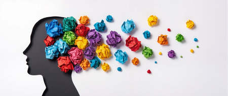 Silhouette of a man surrounded by crumpled paper ballsの素材