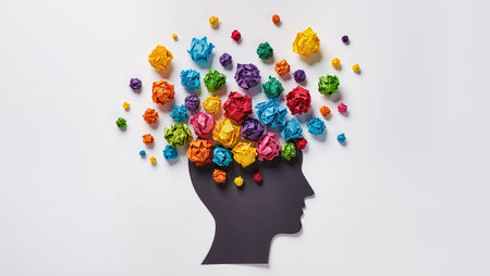 Paper head and colorful crumpled paper balls on white background.の素材