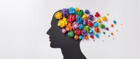 Silhouette of a man with a lot of colorful paper balls on his headの素材