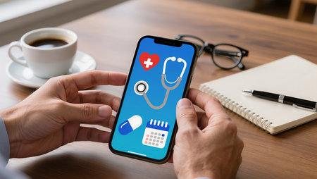 male hands holding a phone with a medical app on the screen and a cup of coffeeの素材