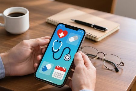 healthcare and medicine concept - close up of woman using smartphone with stethoscopeの素材