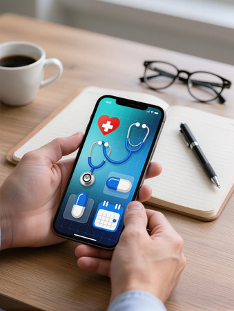 healthcare, medicine and technology concept - close up of male hands holding smartphone with health application on screenの素材