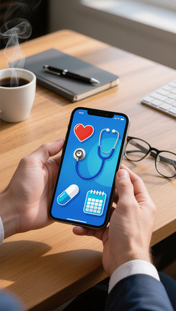 male hands holding a phone with a medical app and a stethoscopeの素材