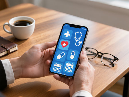 Medical apps on mobile phone screen. Healthcare and medical services concept.の素材
