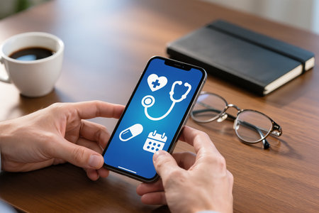Smartphone screen displaying a healthcare concept on a table with a cup of coffeeの素材