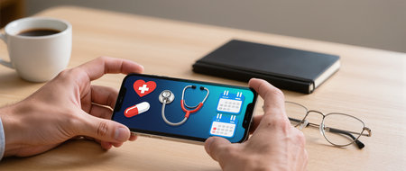 health care apps on smartphone screen. doctor hand with stethoscope and mobile phoneの素材