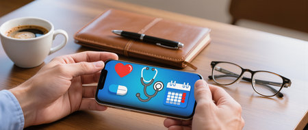 Smartphone screen displaying a medical app on a desk with a cup of coffeeの素材