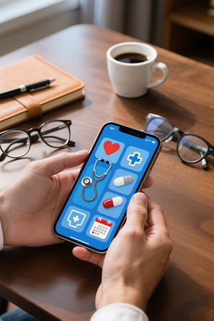 healthcare, medicine, technology and people concept - close up of male hands holding smartphone with medical app on screenの素材