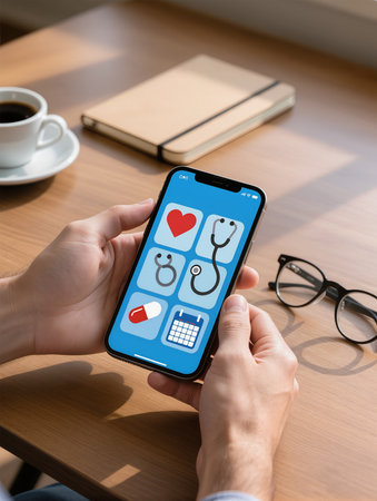 healthcare, medicine, technology and people concept - close up of male hands holding smartphone with doctor app on screenの素材