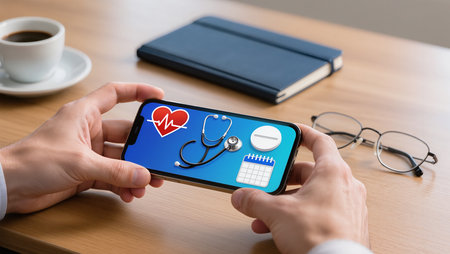 Smartphone with doctor app on the screen. Healthcare and medical concept.の素材