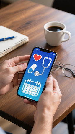 Female hands holding a smartphone with medical app on the screen. All screen graphics are made up.の素材