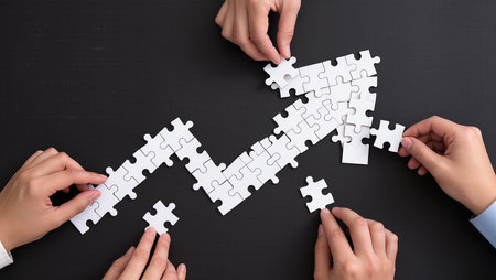 Top view of people hands connecting jigsaw puzzle pieces. Teamwork conceptの素材