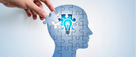 Human head with lightbulb on jigsaw puzzle piece. Solution conceptの素材