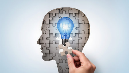 Close up of human head assembling jigsaw puzzle with lightbulbの素材