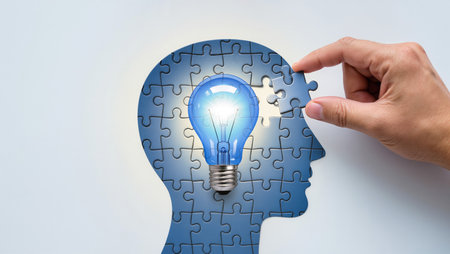 Human head with lightbulb on jigsaw puzzle pieces. Business solution conceptの素材