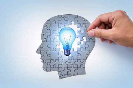 Human head made of puzzle pieces with glowing lightbulb. Business idea conceptの素材
