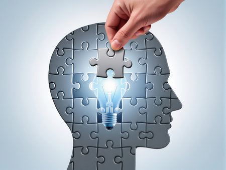 Close up of human head with puzzle piece and light bulb instead of headの素材