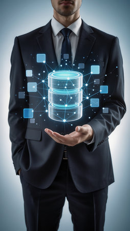 businessman with a cloud computing diagram in his hand on gray backgroundの素材