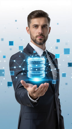 Portrait of handsome businessman holding digital server in his hands. Technology conceptの素材