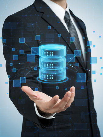 businessman with data server icon in screen over gray background, technology conceptの素材