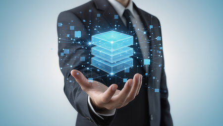 Businessman holding a futuristic server in his hands. 3D renderingの素材