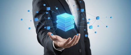 Close up of businessman hand holding 3d rendering server icon in palmの素材