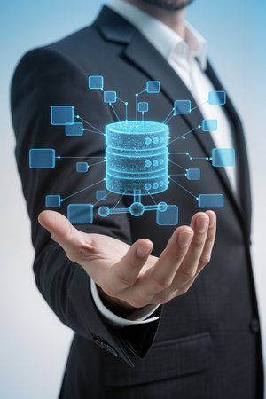 Businessman holding a cloud computing diagram in front of his hand on blue backgroundの素材