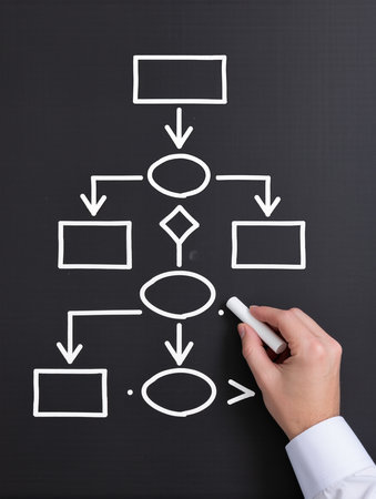 Businessman drawing a flow chart on blackboard, closeup of handsの素材