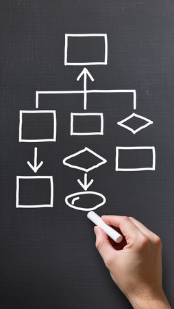 hand drawing a flowchart on a blackboard with a white chalkの素材
