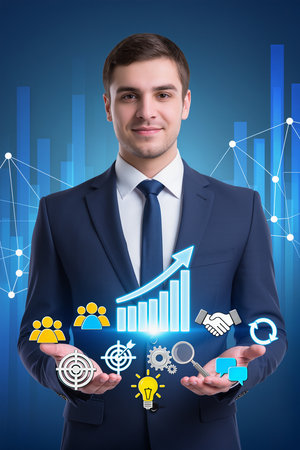 Business growth strategy and management. Business person holding network structure and business iconsの素材