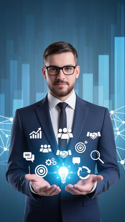 Businessman in suit and glasses holding social media icons in his handsの素材