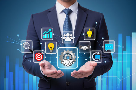 Businessman in suit holding digital business icons in his hand. 3D renderingの素材