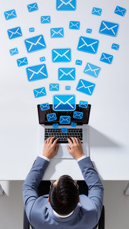 Businessman using laptop with email icons on white background. Email marketing conceptの素材