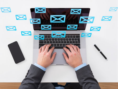 Businessman using laptop at desk against blue email icons on white backgroundの素材