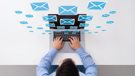 Businesswoman using laptop with email icons on the screen against white backgroundの素材