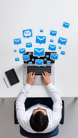 Businessman using laptop with email icons on white background. Top viewの素材