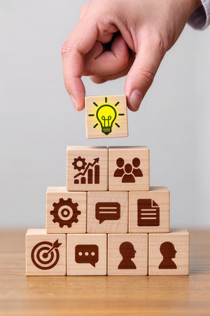 Wooden blocks stacking as step stair to success, business growth conceptの素材