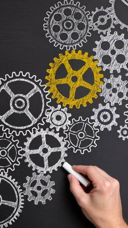 Hand drawing gear wheel mechanism on blackboard, concept of teamwork and cooperationの素材
