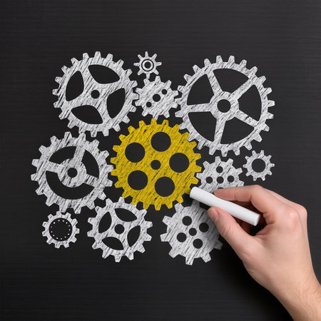 Hand drawing gear wheel mechanism on blackboard, concept of teamwork and cooperationの素材