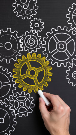 Teamwork concept drawn on a blackboard with a chalk and gearsの素材