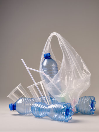 Plastic bottles and glasses in a plastic bag on a gray backgroundの素材