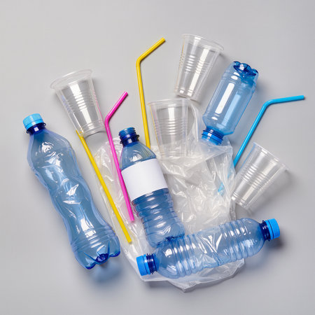 Plastic bottles and drinking straws on grey background, top viewの素材