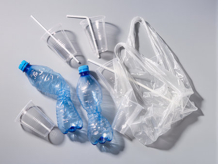 Plastic bottles, cups and glasses on grey background. Recycling conceptの素材